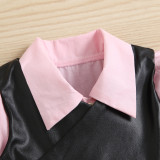 Baby Girl pink shirt dress + black pu Leather vest Two Piece