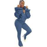 Women Puff Sleeves Hoodies And Stacked Pant Two Piece Set
