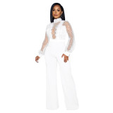 Women Cutout See-Through Long Sleeve Tie Jumpsuit（customized,MOQ 6pcs/size/color,process time 7-10 days）