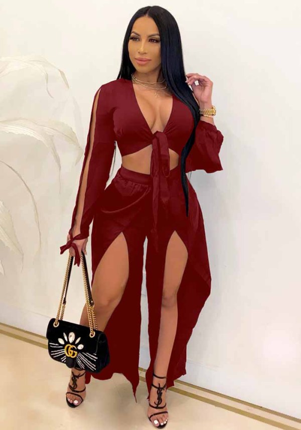 Women Slit Long Sleeve Top And Pant Two Piece Set