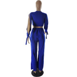 Women Slit Long Sleeve Top And Pant Two Piece Set