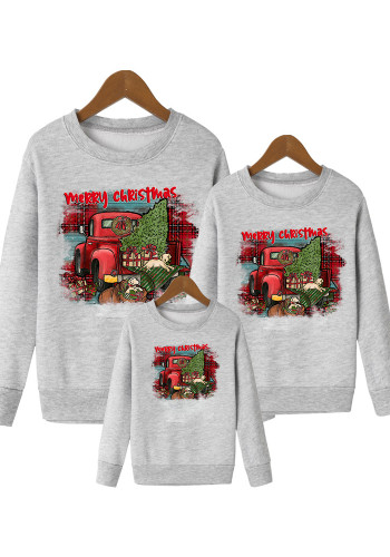 Merry Christmas Fleece Round Neck Sweatshirt Parent-Child Family Christmas Tree Print Long Sleeve T-Shirt