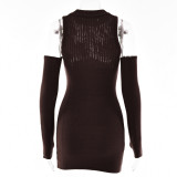 Knitting Women'S Fall Dress Sexy See-Through Tight Fitting Round Neck Patchwork Sleeveless Bodycon Dress With Sleeves