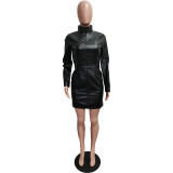Women Solid Color Pu Leather Long Sleeve Pocket Zipper Dress