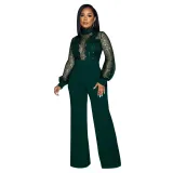Women Cutout See-Through Long Sleeve Tie Jumpsuit（customized,MOQ 6pcs/size/color,process time 7-10 days）
