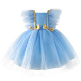 Girls Mesh Party Dress With Flying Sleeves Solid Color Children'S Princess Dress