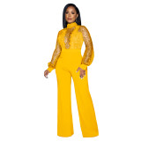 Women Cutout See-Through Long Sleeve Tie Jumpsuit（customized,MOQ 6pcs/size/color,process time 7-10 days）