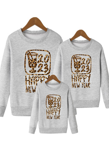 Happy New Year 2023 Leopard Letter Print T-shirt a maniche lunghe genitore-figlio Felpa con tendenza allentata