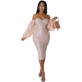 Women French Long Sleeve Sequin Off Shoulder Bodycon Dress