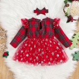 Christmas Baby Girl Plaid Letter Snowflake Mesh Dress with Bandana
