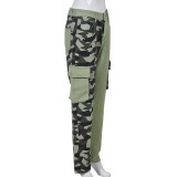 Women Camouflage Print Contrast Style Patch Pocket Denim Straight Leg Pants