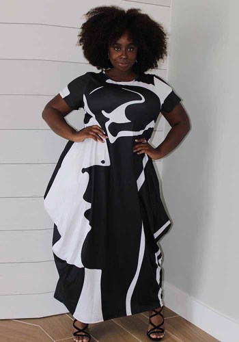 Spring Plus Size Print Round Neck Long Creative Short Sleeve Loose Maxi Dress
