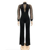 Women Cutout See-Through Long Sleeve Tie Jumpsuit（customized,MOQ 6pcs/size/color,process time 7-10 days）
