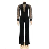 Women Cutout See-Through Long Sleeve Tie Jumpsuit（customized,MOQ 6pcs/size/color,process time 7-10 days）