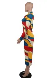 Women Long Sleeve Printed Bodycon Maxi Dress