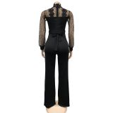 Women Cutout See-Through Long Sleeve Tie Jumpsuit（customized,MOQ 6pcs/size/color,process time 7-10 days）
