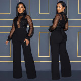 Women Cutout See-Through Long Sleeve Tie Jumpsuit（customized,MOQ 6pcs/size/color,process time 7-10 days）
