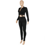 Women Clothing Casual Lace Up Pleated Long Sleeve Crop Top And Pant Two Piece Set