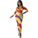 Women Long Sleeve Printed Bodycon Maxi Dress