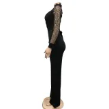 Women Cutout See-Through Long Sleeve Tie Jumpsuit（customized,MOQ 6pcs/size/color,process time 7-10 days）