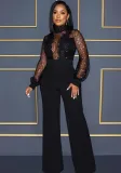 Women Cutout See-Through Long Sleeve Tie Jumpsuit（customized,MOQ 6pcs/size/color,process time 7-10 days）