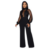 Women Cutout See-Through Long Sleeve Tie Jumpsuit（customized,MOQ 6pcs/size/color,process time 7-10 days）