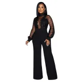 Women Cutout See-Through Long Sleeve Tie Jumpsuit（customized,MOQ 6pcs/size/color,process time 7-10 days）