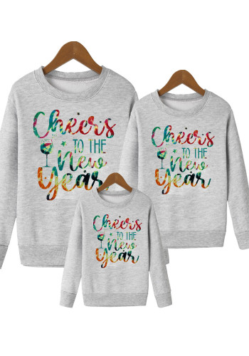 Chees To The New Year Fashion Letter Print Eltern-Kind Rundhals Langarm T-Shirt Top Sweatshirt