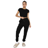 Women Waffle Round Neck Short Sleeve Top And Pant Two Piece Set