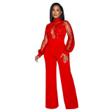 Women Cutout See-Through Long Sleeve Tie Jumpsuit（customized,MOQ 6pcs/size/color,process time 7-10 days）