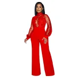 Women Cutout See-Through Long Sleeve Tie Jumpsuit（customized,MOQ 6pcs/size/color,process time 7-10 days）