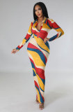Women Long Sleeve Printed Bodycon Maxi Dress