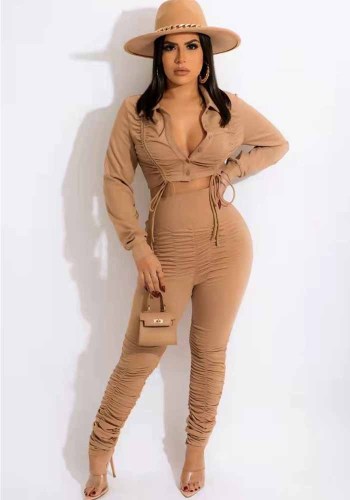 Women Clothing Casual Lace Up Pleated Long Sleeve Crop Top And Pant Two Piece Set