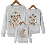 Happy New Year Leopard Letter Print Family Long Sleeve Round Neck Sweatshirt Fashion T-Shirt