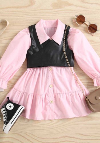 Розовое платье-рубашка для маленьких девочек + черный жилет из искусственной кожи из двух частей