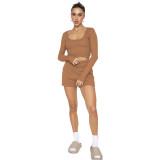 Women Waffle Solid Color U-Neck Long Sleeves Top And Shorts Two Piece Set