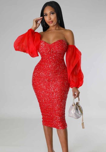 Women French Long Sleeve Sequin Off Shoulder Bodycon Dress