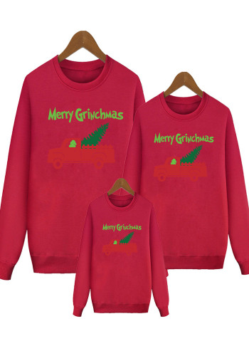 Merry Christmas Fleece Sweatshirt Parent-Child Red Car Christmas Tree Pullover Long Sleeve T-Shirt