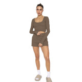 Women Waffle Solid Color U-Neck Long Sleeves Top And Shorts Two Piece Set