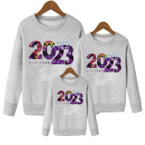 Happy New Year 2023 Letter Print Family Parent-Child Round Neck Long Sleeve Sweatshirt