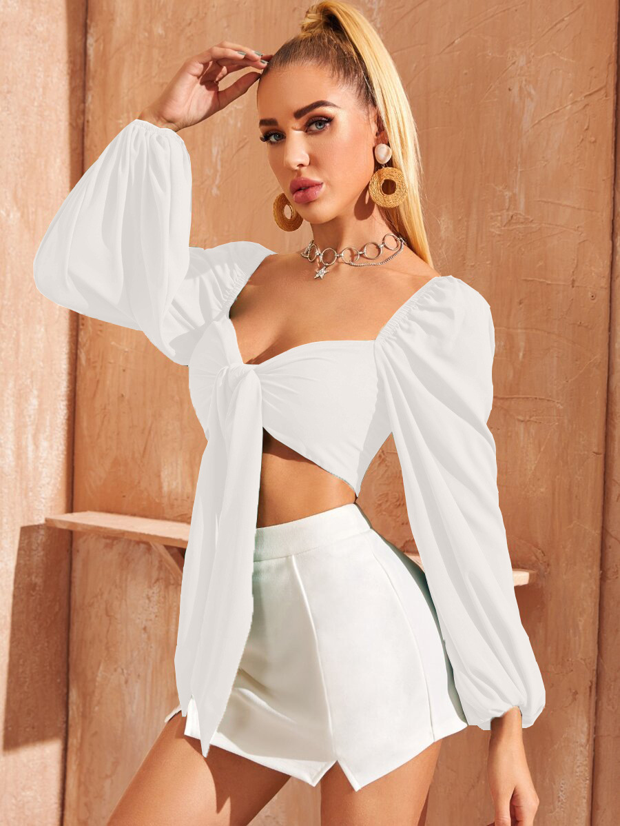 Women Sexy Tie Puff Sleeve Long Sleeve Crop Shirt - The Little Connection