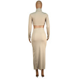 Women Autumn/Winter Ribbed High Neck Long Sleeve Top And Irregular Slit Skirt Two Piece Set