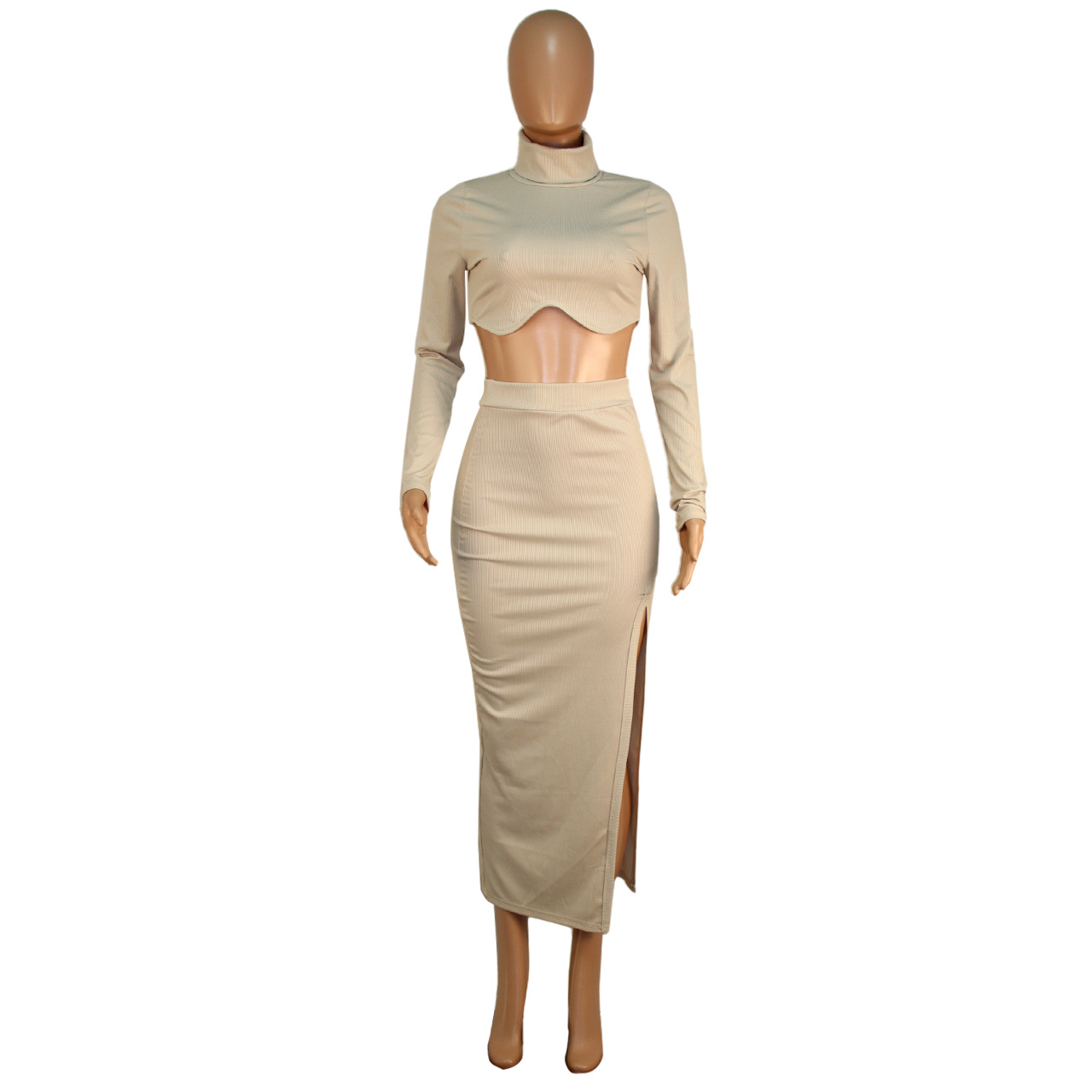 Women Autumn/Winter Ribbed High Neck Long Sleeve Top And Irregular Slit  Skirt Two Piece Set - The Little Connection