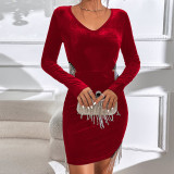 High end women's sexy long sleeve velvet dress Chic pendant tassel irregular dress with hollow waist
