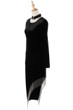 Women's velvet long sleeve tassel party dress