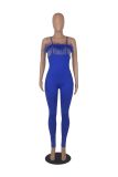 Spring Summer Women's Solid Zipper Sling Diamond Chain Feather Jumpsuit