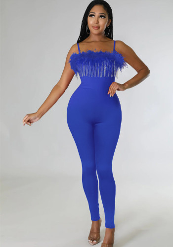 Spring Summer Women's Solid Zipper Sling Diamond Chain Feather Jumpsuit