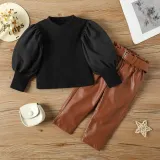 Middle and small girls' Spring and Autumn bubble sleeve top pu Leather belt waist leather pants suit