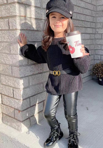 Kinderkleding Meisjes Herfst Breien Geribbelde Lange Mouwen Slanke Taille Chique Top Pu Rubberen Band Leren Broek Met Riem