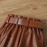 Middle and small girls' Spring and Autumn bubble sleeve top pu Leather belt waist leather pants suit